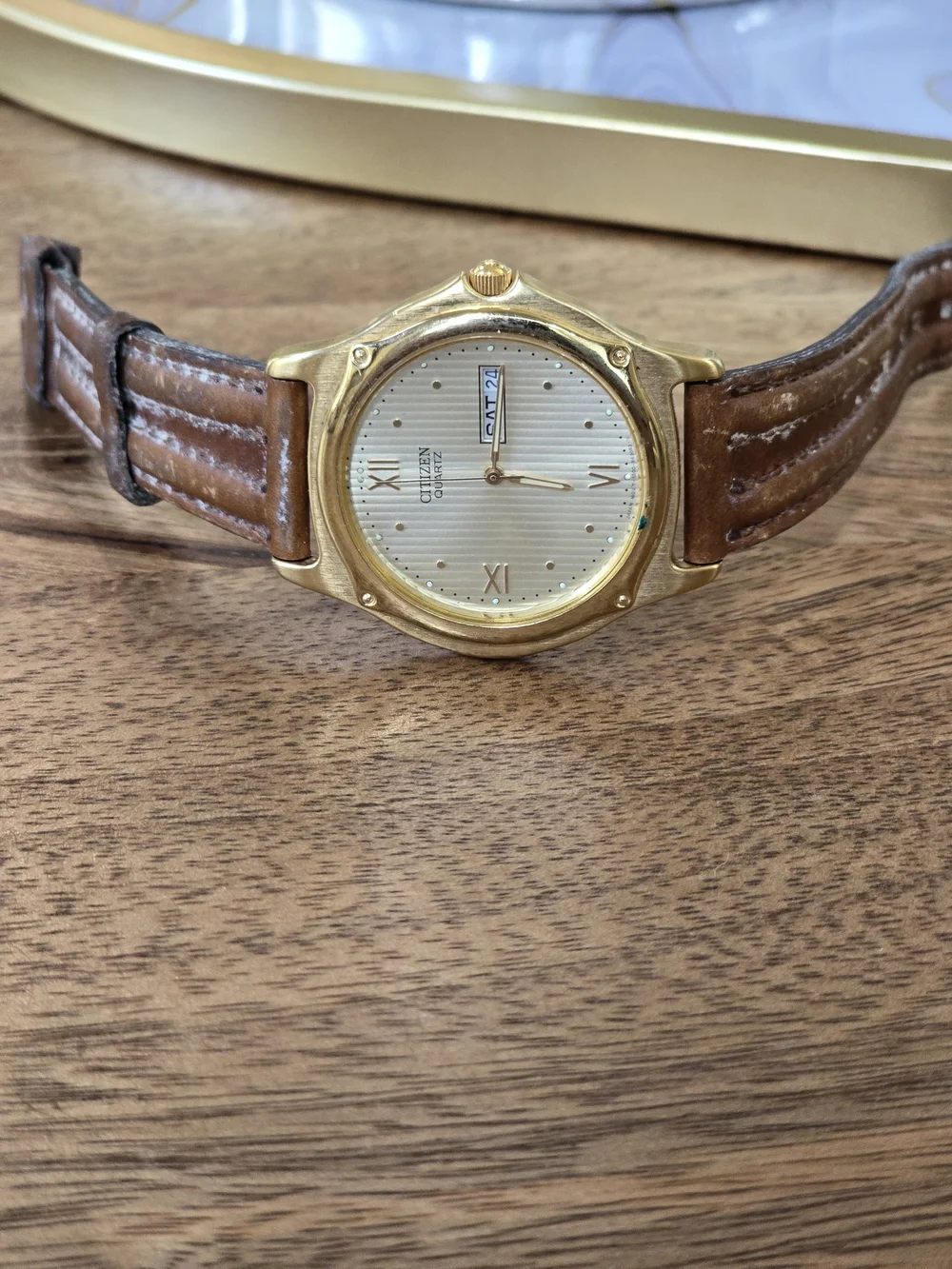 Citizen Quartz Gold-Tone Watch with Brown Leather Strap Parts Only Not Working